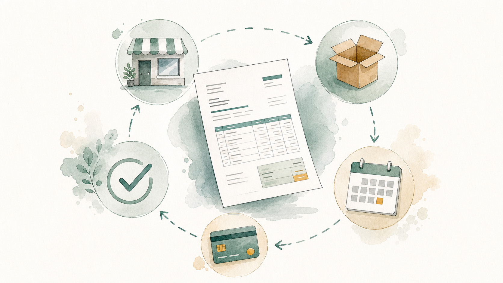 Watercolor invoice workflow with shop, delivery, payment, due date, and paid check mark